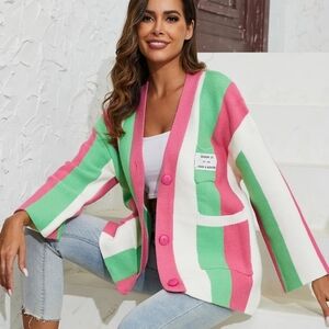 NWT Jascls Striped Pink and Green Women's Cardigan Sorority Medium PTP 23